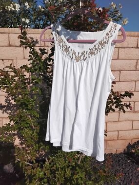 Basic Editions White Tank Top with Gold Sequin Neckline